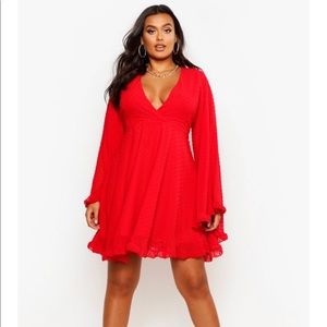 Plus Dobby Chiffon Wide Sleeve Red Skater Dress